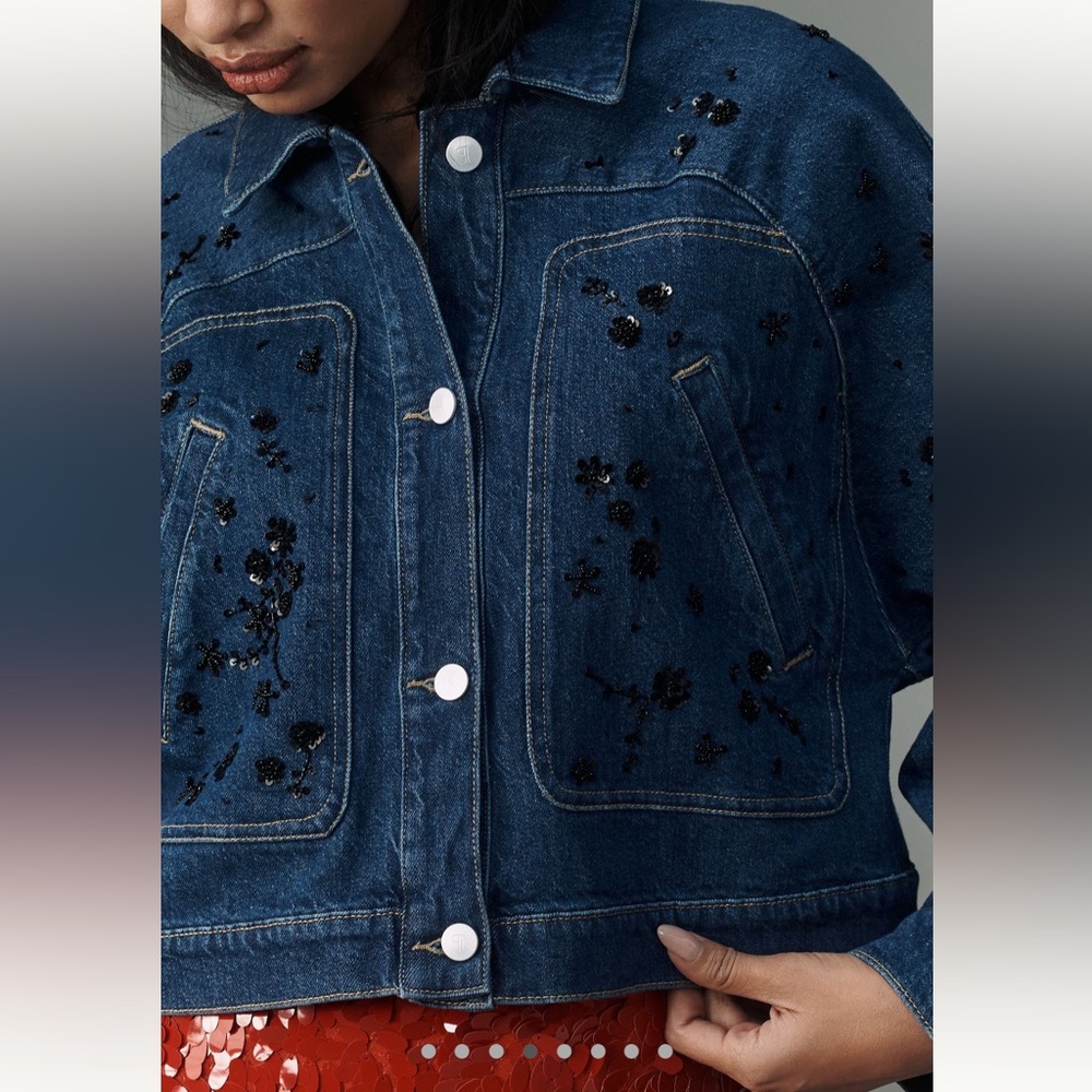 Anthropologie Midnight Blue Denim Jacket with Black Embellishments